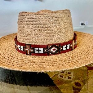 Beaded Hatband, 1-1/4” wide with leather ties.